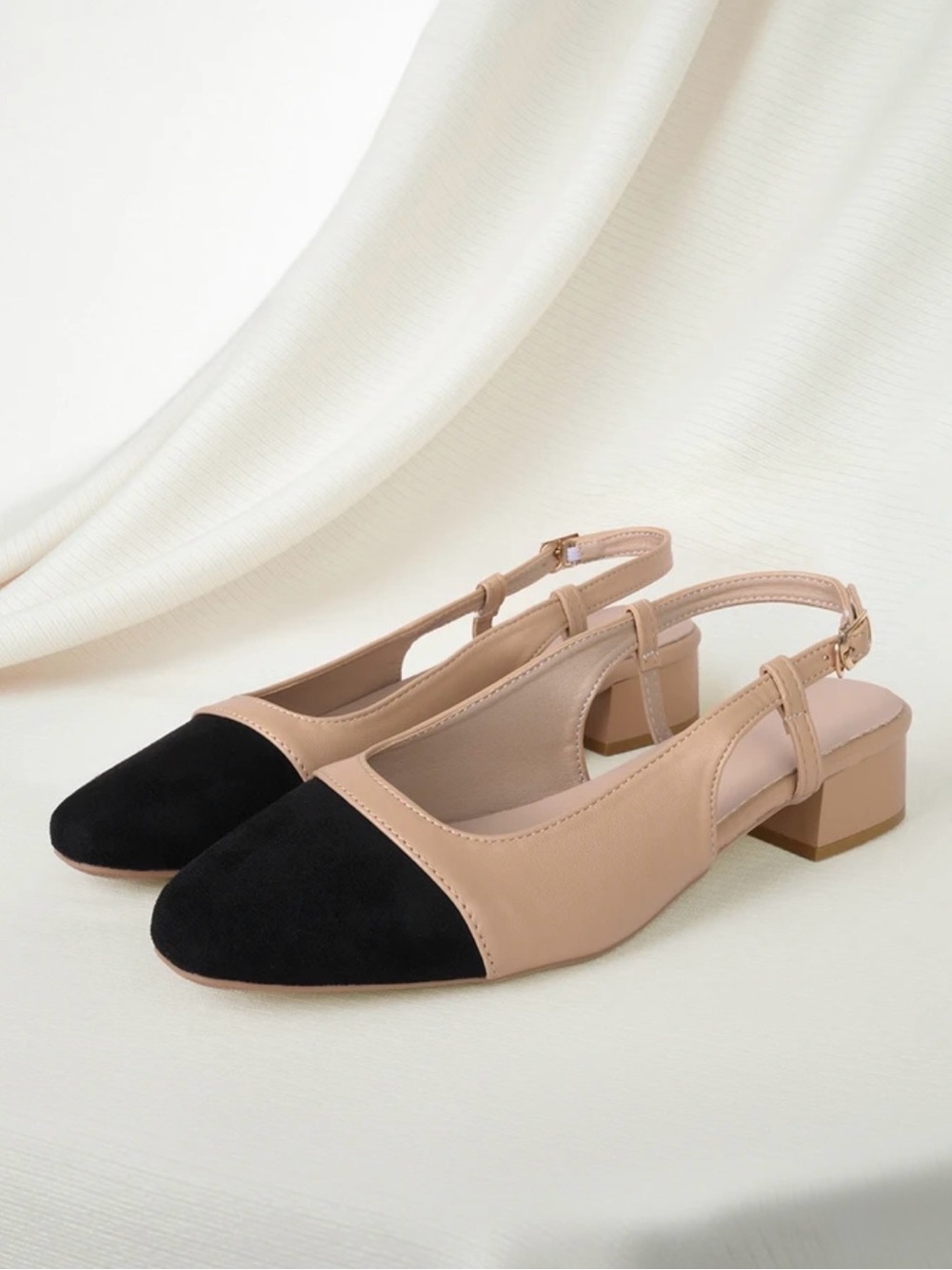 Women’s Two-Tone Slingback Block Heel Pumps - Black & Beige